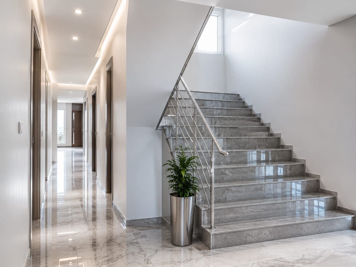 Apartman kat koridoru ve temizlenmiş mermer merdiven basamakları