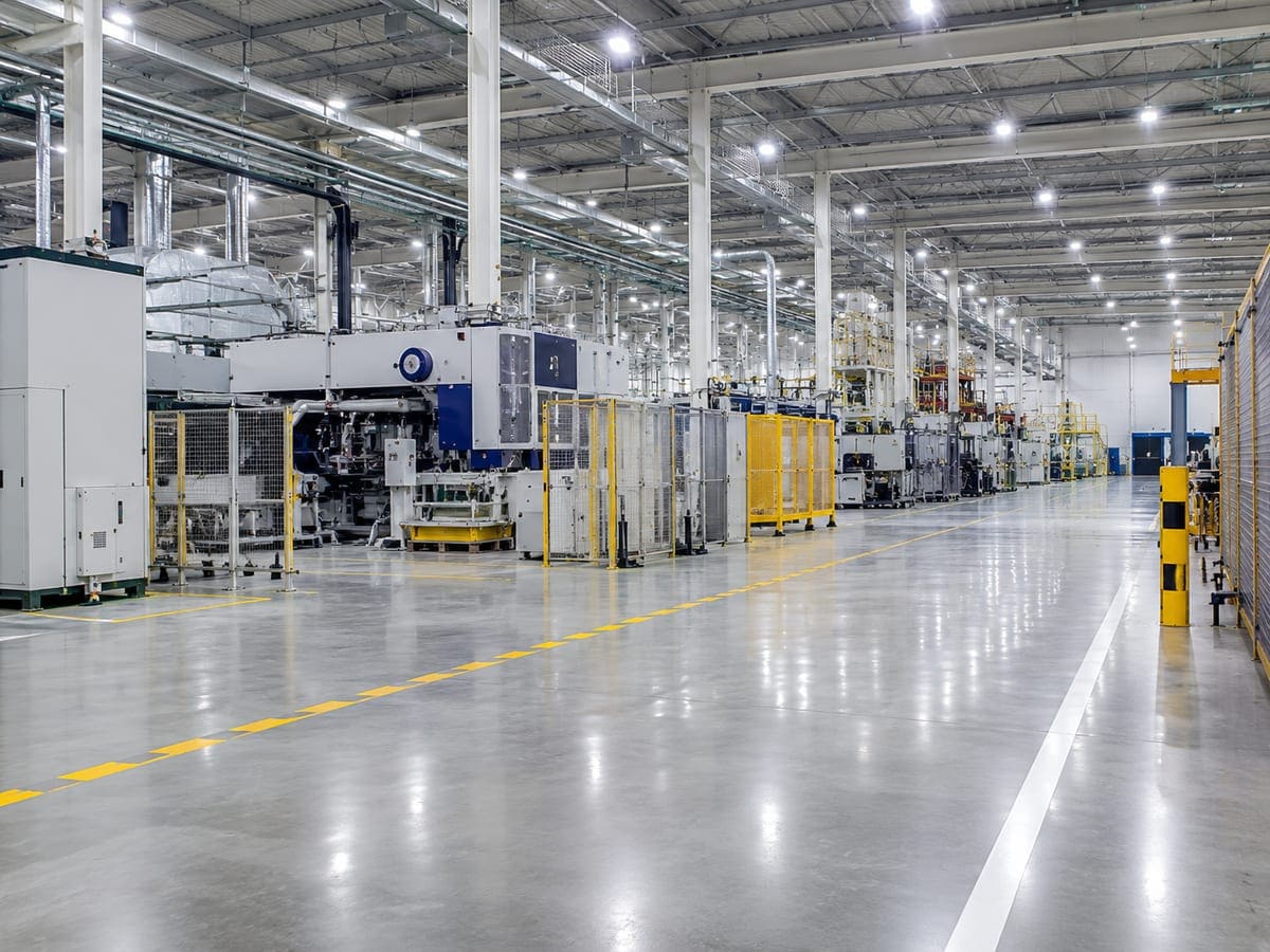 Fabrika üretim hattı boyunca temizlenmiş epoksi zemin ve makine çevresi