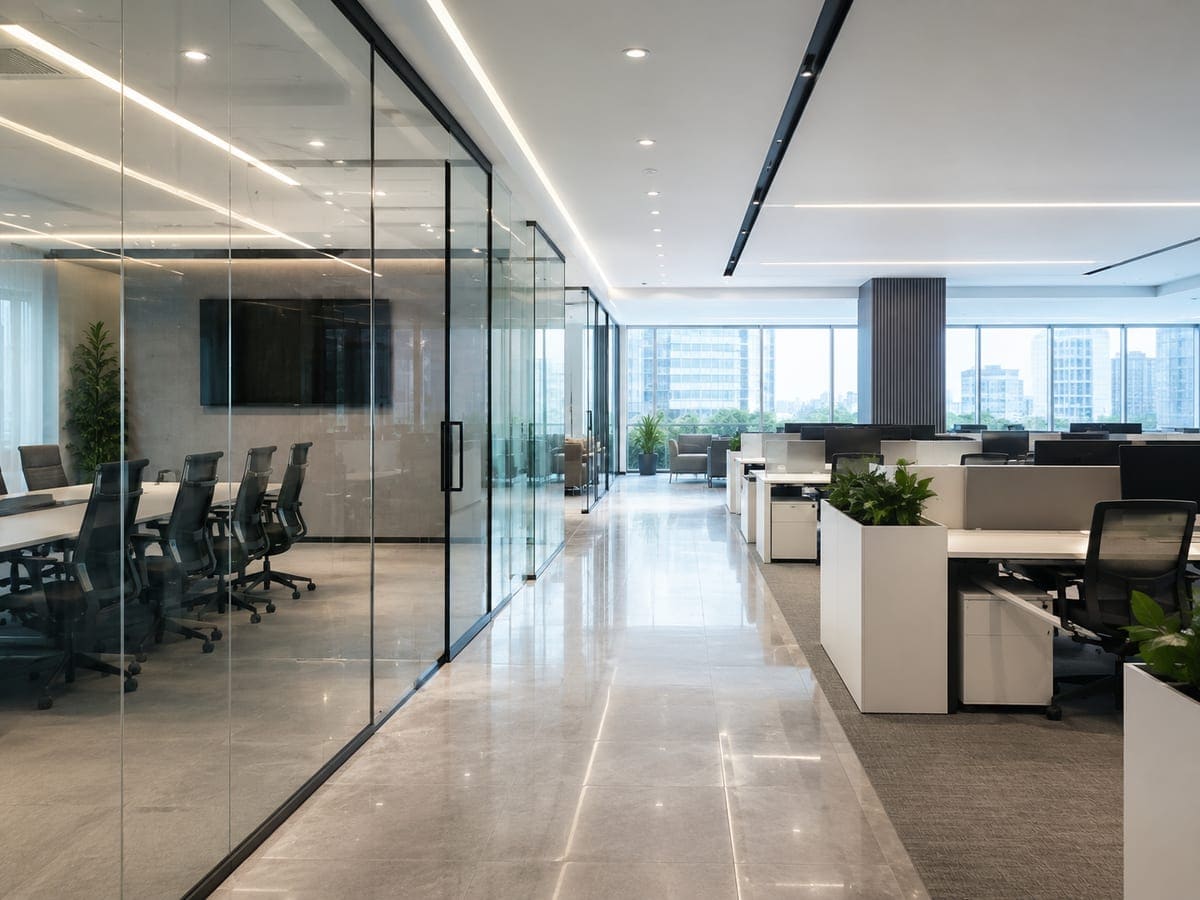 Cam bölmeli toplantı odası ve temizlenmiş ofis koridoru zemini