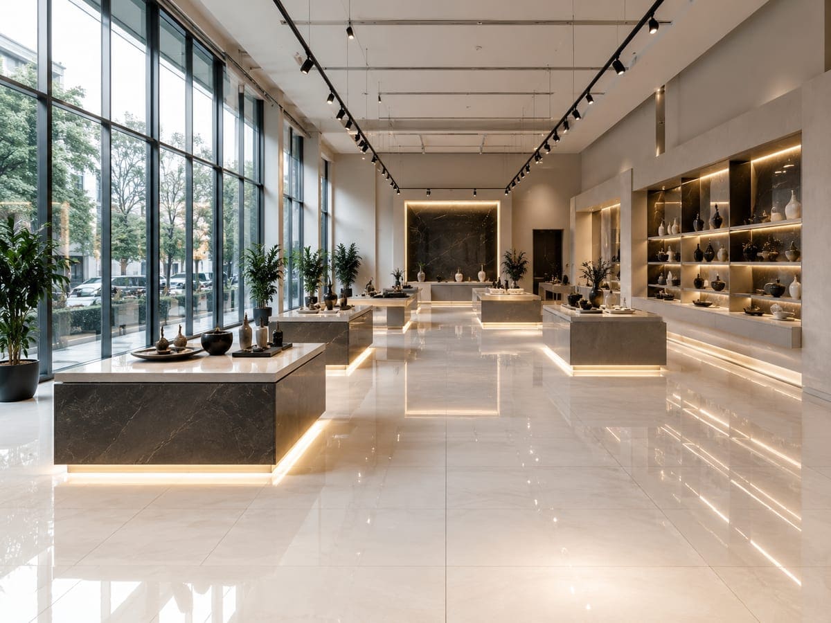 Showroom teşhir alanında temizlik sonrası parlayan zemin ve aydınlatılmış ürün podyumları