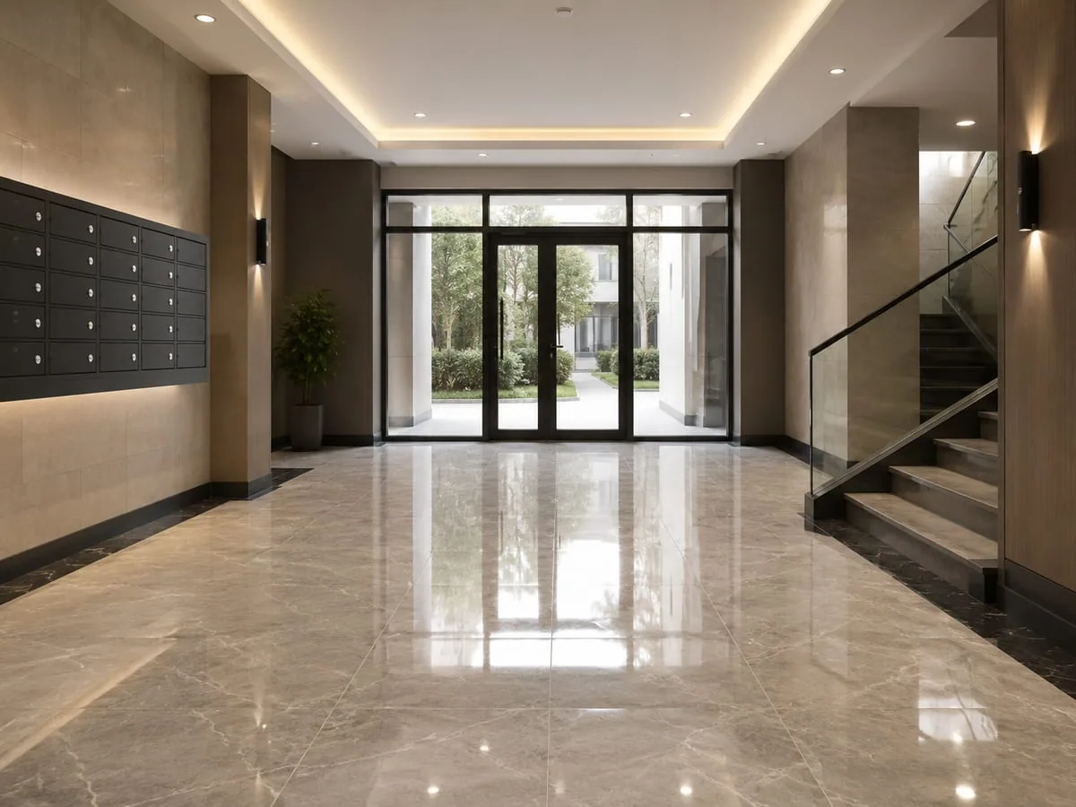 Antalya’da mermer zemini temizlenmiş apartman giriş lobisi
